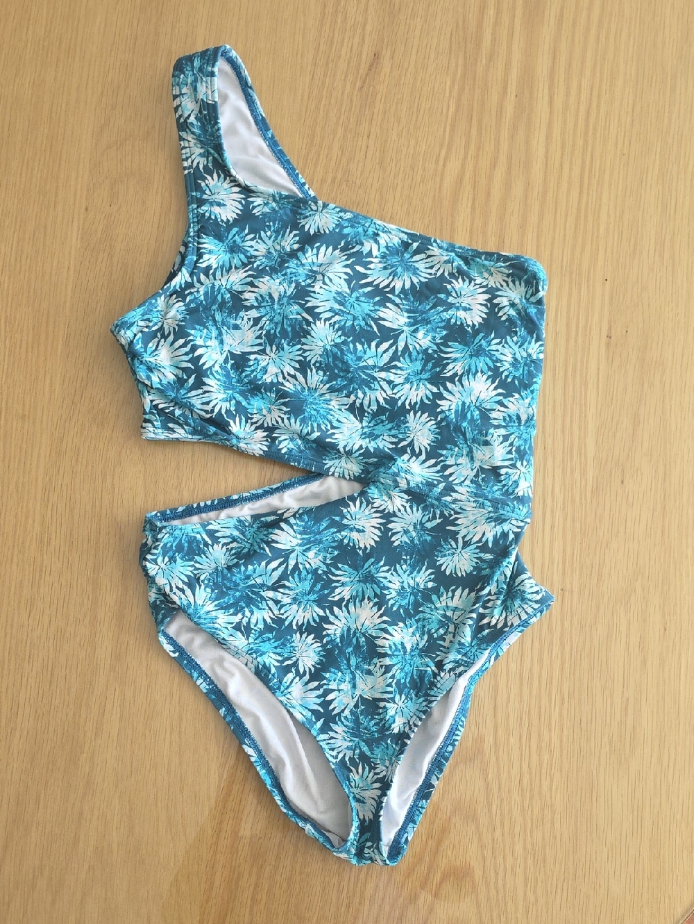 MICHAEL Michael Teal Blue and White Tropical Off The Shoulder Swimsuit